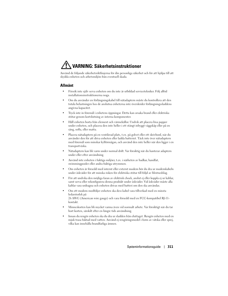 Varning: säkerhetsinstruktioner, Allmänt | Dell AXIM X3 User Manual | Page 313 / 366