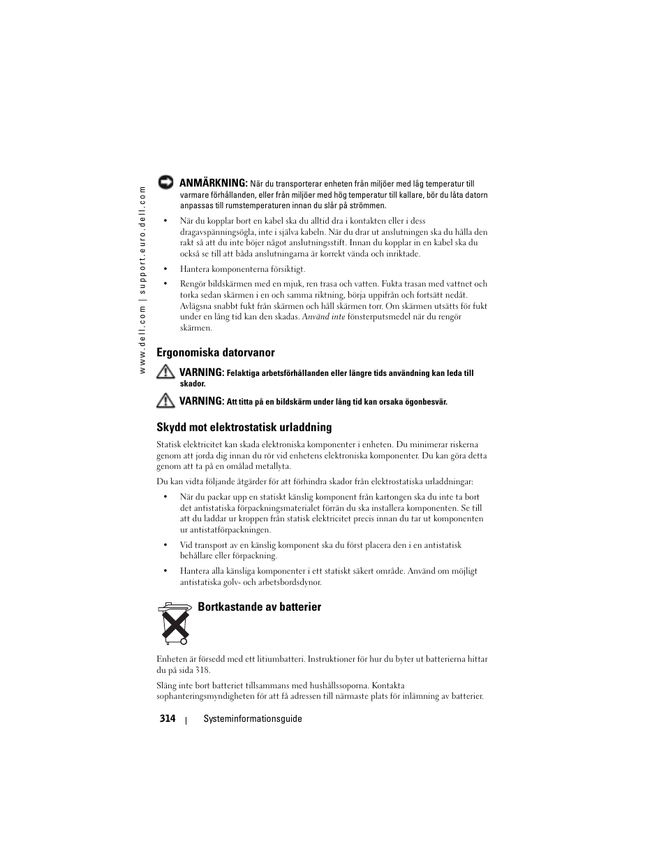 Ergonomiska datorvanor, Skydd mot elektrostatisk urladdning, Bortkastande av batterier | Dell AXIM X3 User Manual | Page 316 / 366