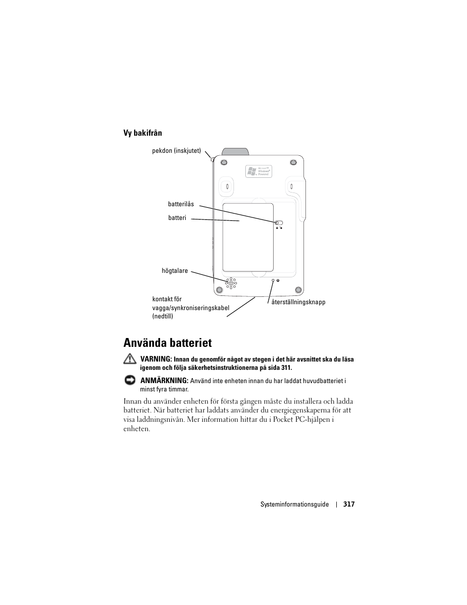 Vy bakifrån, Använda batteriet | Dell AXIM X3 User Manual | Page 319 / 366