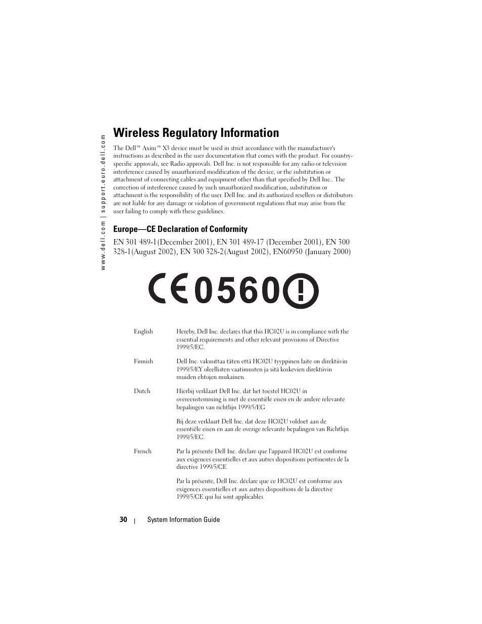 Wireless regulatory information, Europe—ce declaration of conformity | Dell AXIM X3 User Manual | Page 32 / 366
