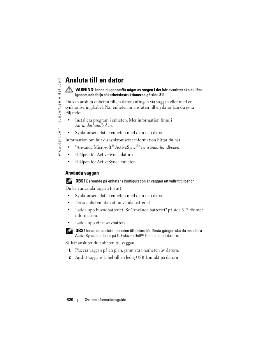 Ansluta till en dator, Använda vaggan | Dell AXIM X3 User Manual | Page 322 / 366