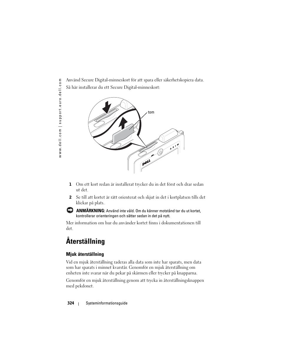 Återställning, Mjuk återställning | Dell AXIM X3 User Manual | Page 326 / 366