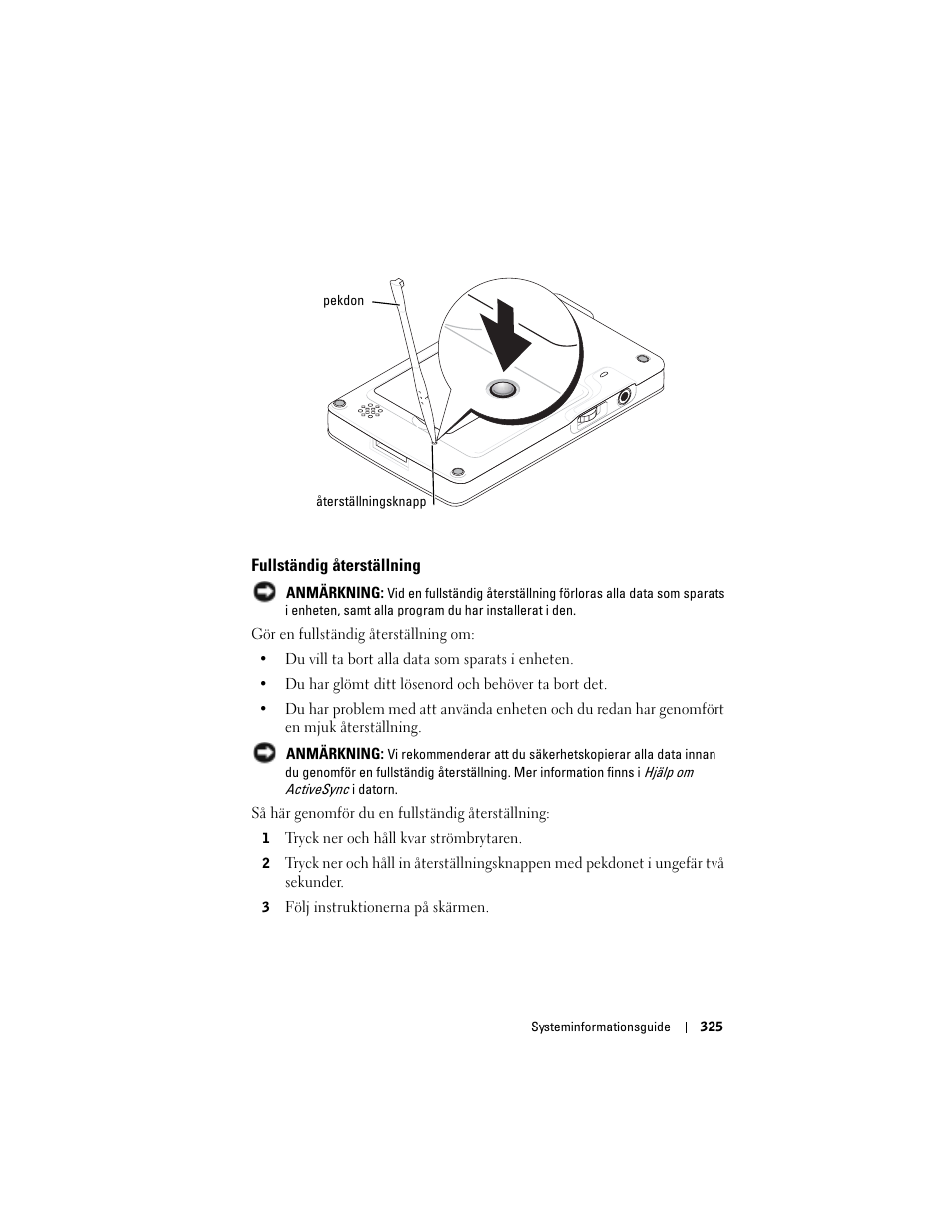 Fullständig återställning | Dell AXIM X3 User Manual | Page 327 / 366