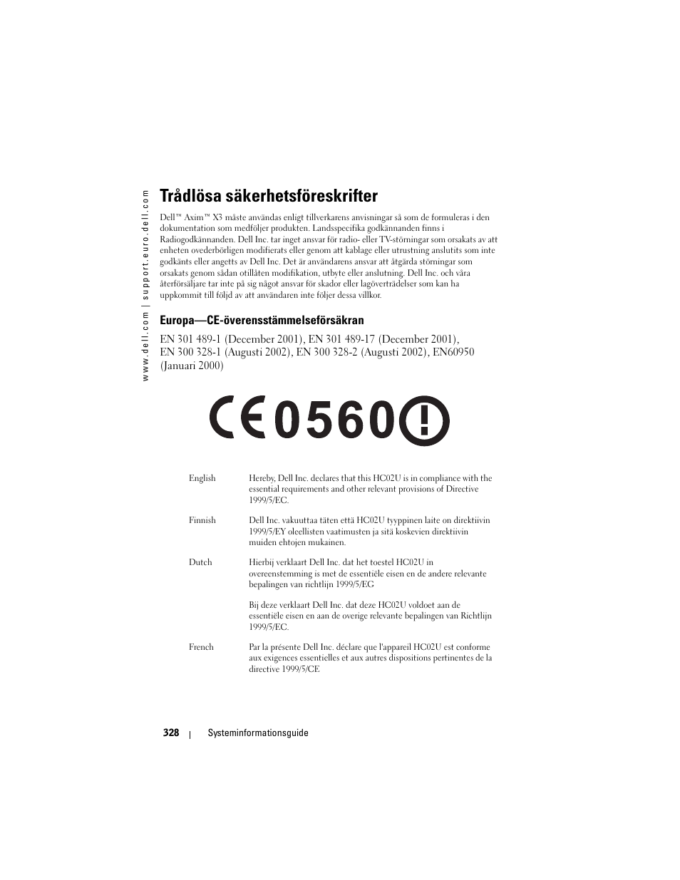 Trådlösa säkerhetsföreskrifter, Europa—ce-överensstämmelseförsäkran | Dell AXIM X3 User Manual | Page 330 / 366