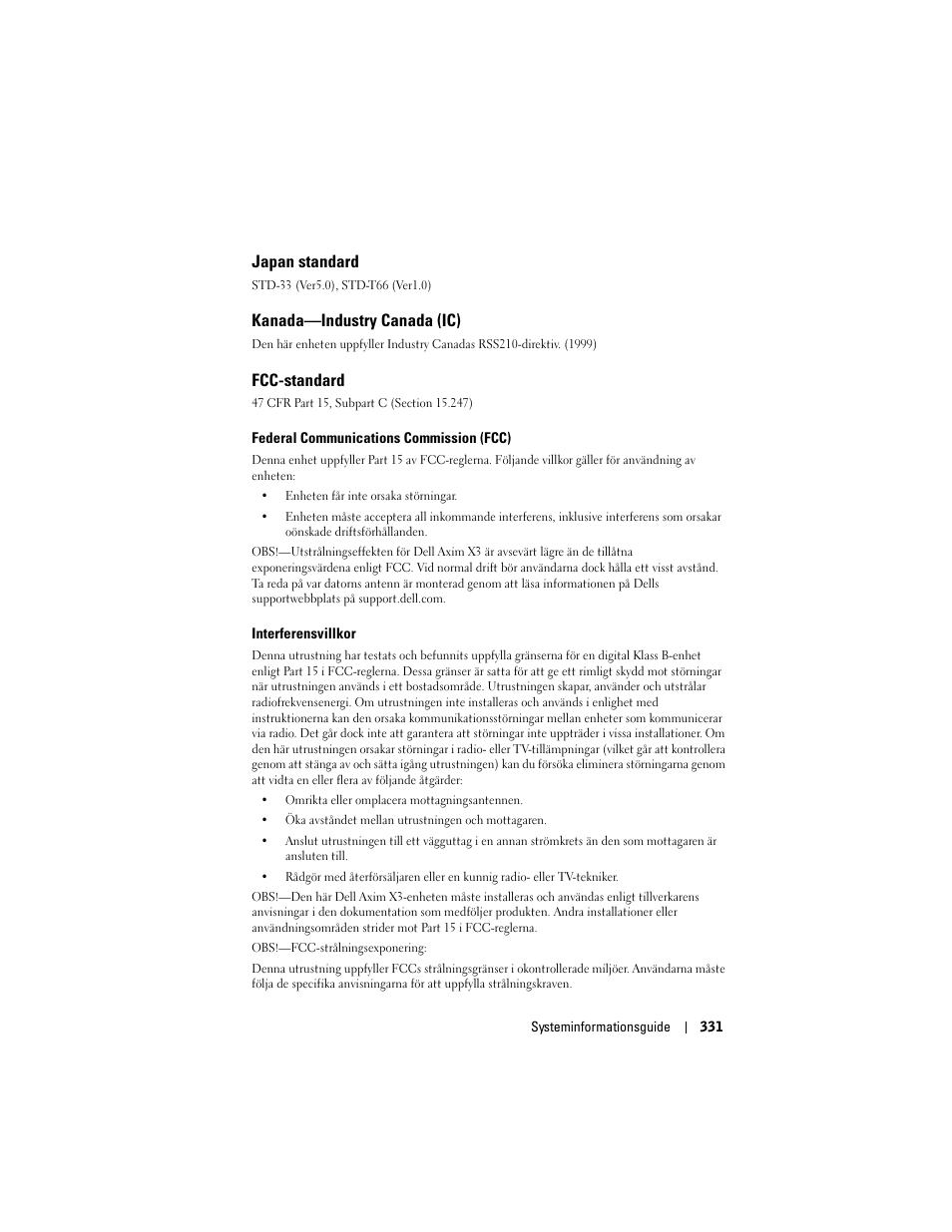 Japan standard, Kanada—industry canada (ic), Fcc-standard | Dell AXIM X3 User Manual | Page 333 / 366