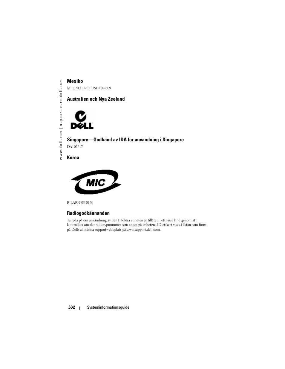 Mexiko, Australien och nya zeeland, Korea | Radiogodkännanden | Dell AXIM X3 User Manual | Page 334 / 366