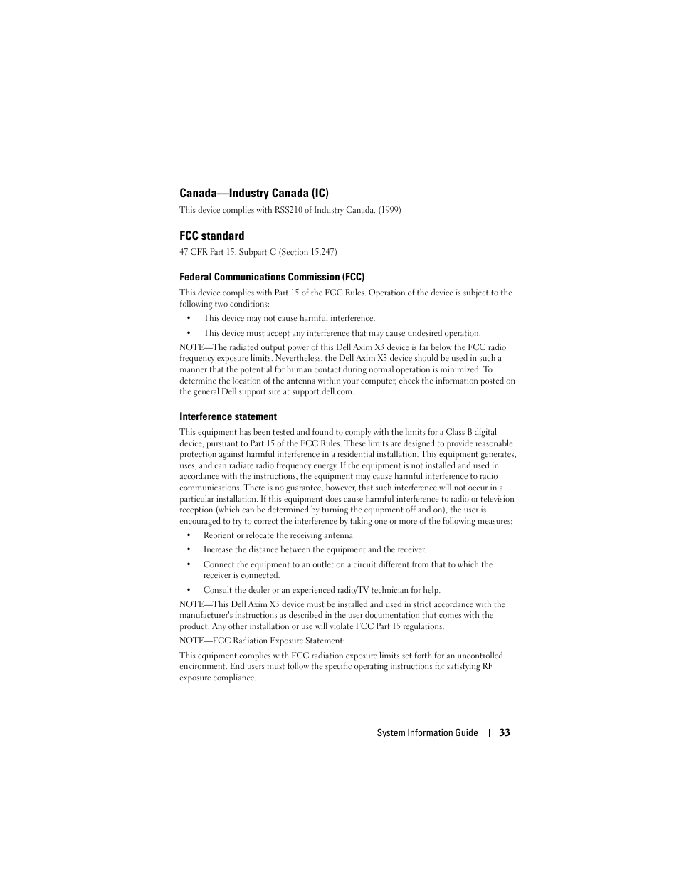 Canada—industry canada (ic), Fcc standard | Dell AXIM X3 User Manual | Page 35 / 366