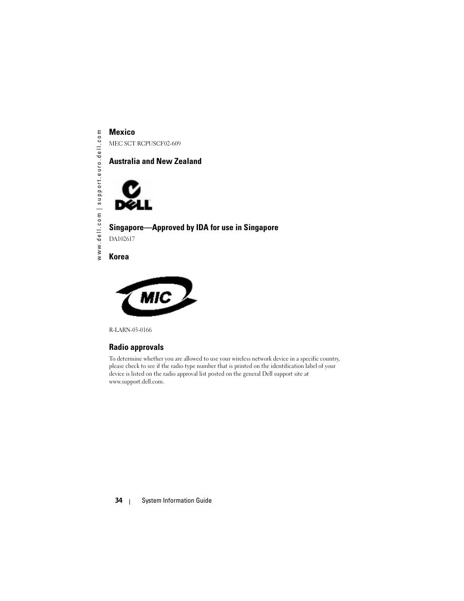 Mexico, Australia and new zealand, Singapore—approved by ida for use in singapore | Korea, Radio approvals | Dell AXIM X3 User Manual | Page 36 / 366