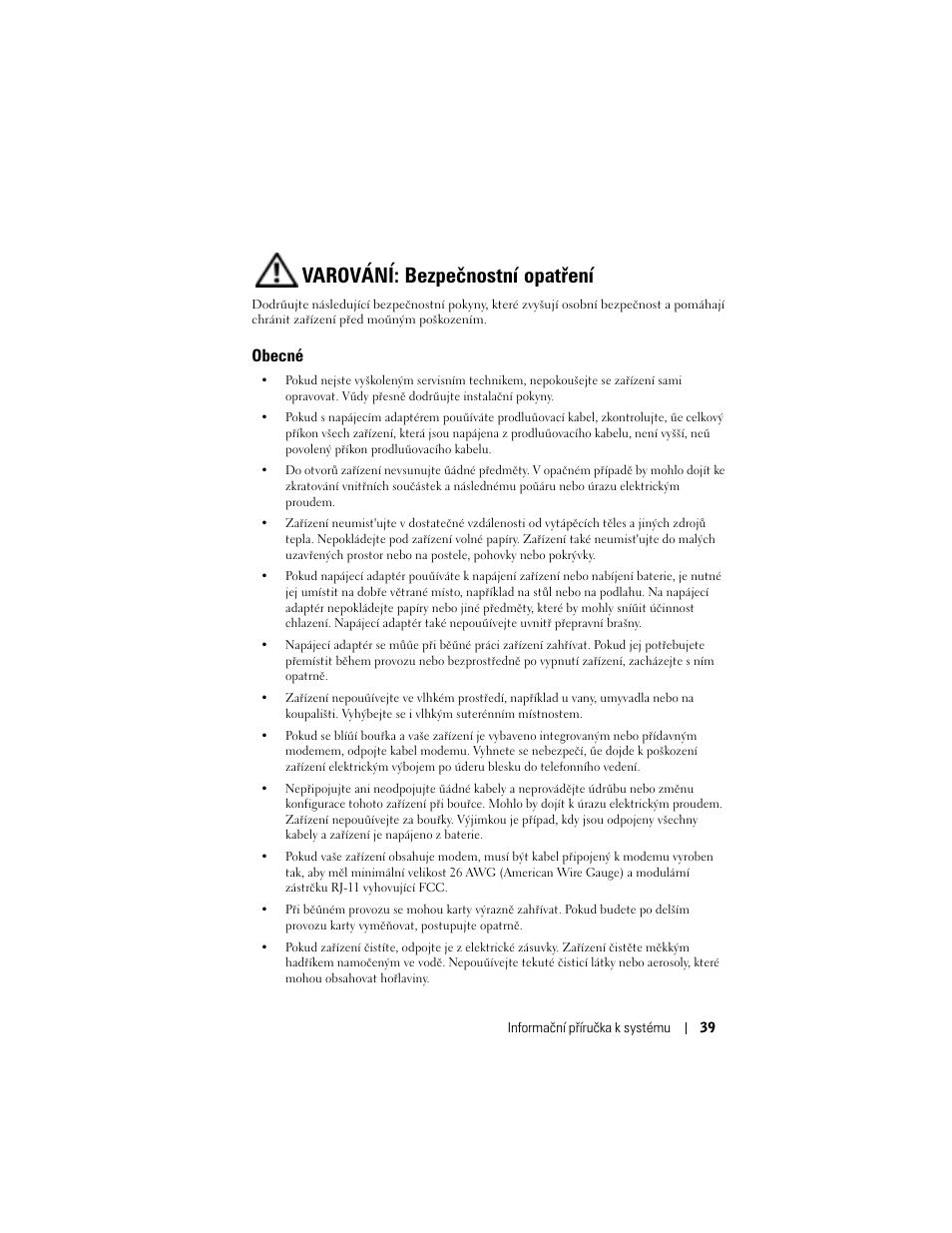 Varování: bezpečnostní opatření, Obecné | Dell AXIM X3 User Manual | Page 41 / 366