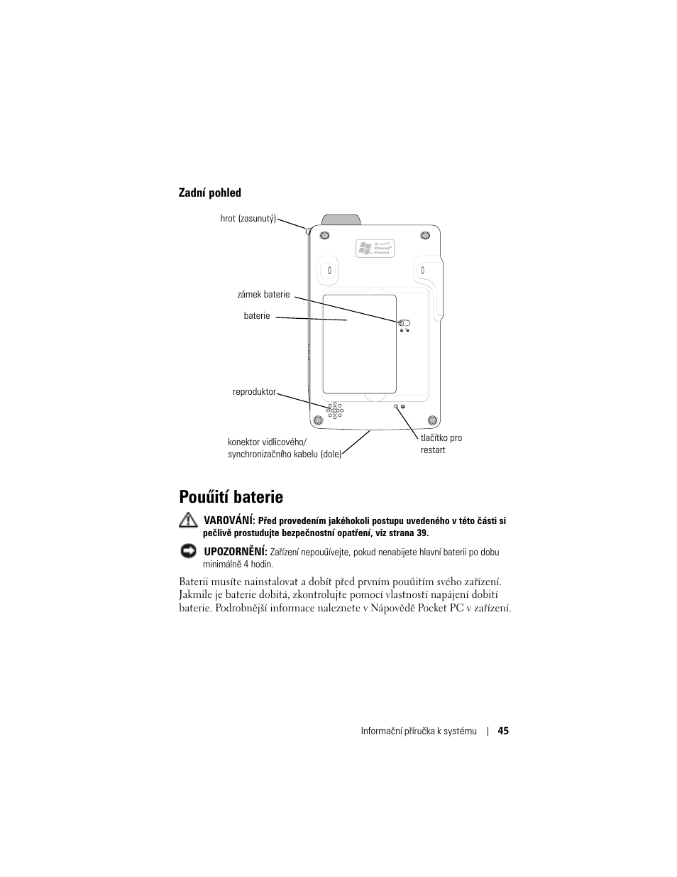 Zadní pohled, Pouűití baterie | Dell AXIM X3 User Manual | Page 47 / 366