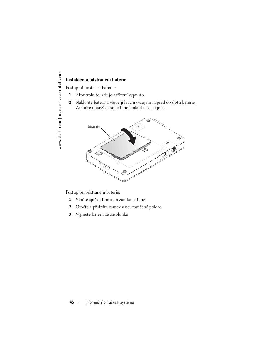 Instalace a odstranění baterie | Dell AXIM X3 User Manual | Page 48 / 366