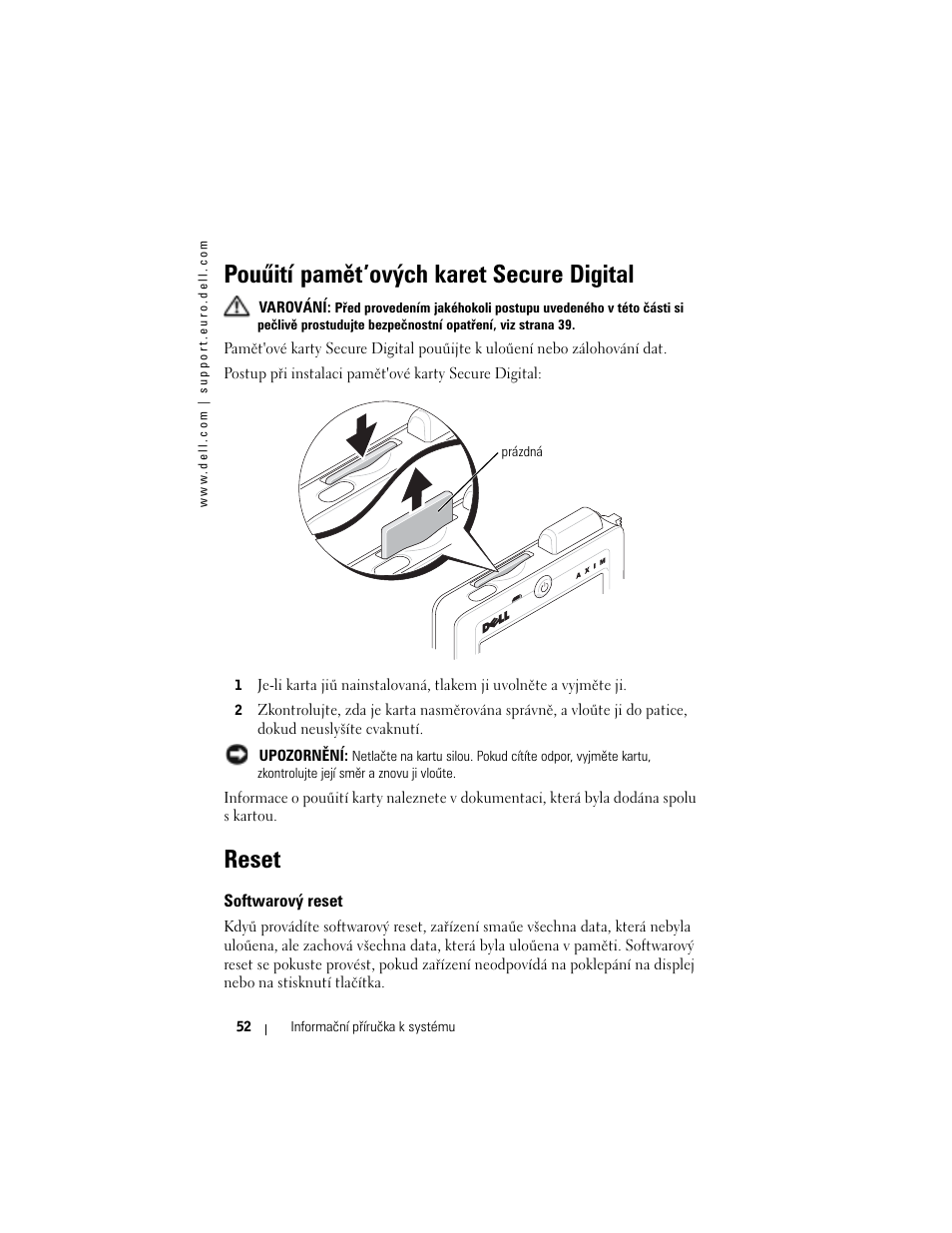 Pouűití pamět ’ových karet secure digital, Reset, Softwarový reset | Pouűití pamět’ových karet secure digital | Dell AXIM X3 User Manual | Page 54 / 366