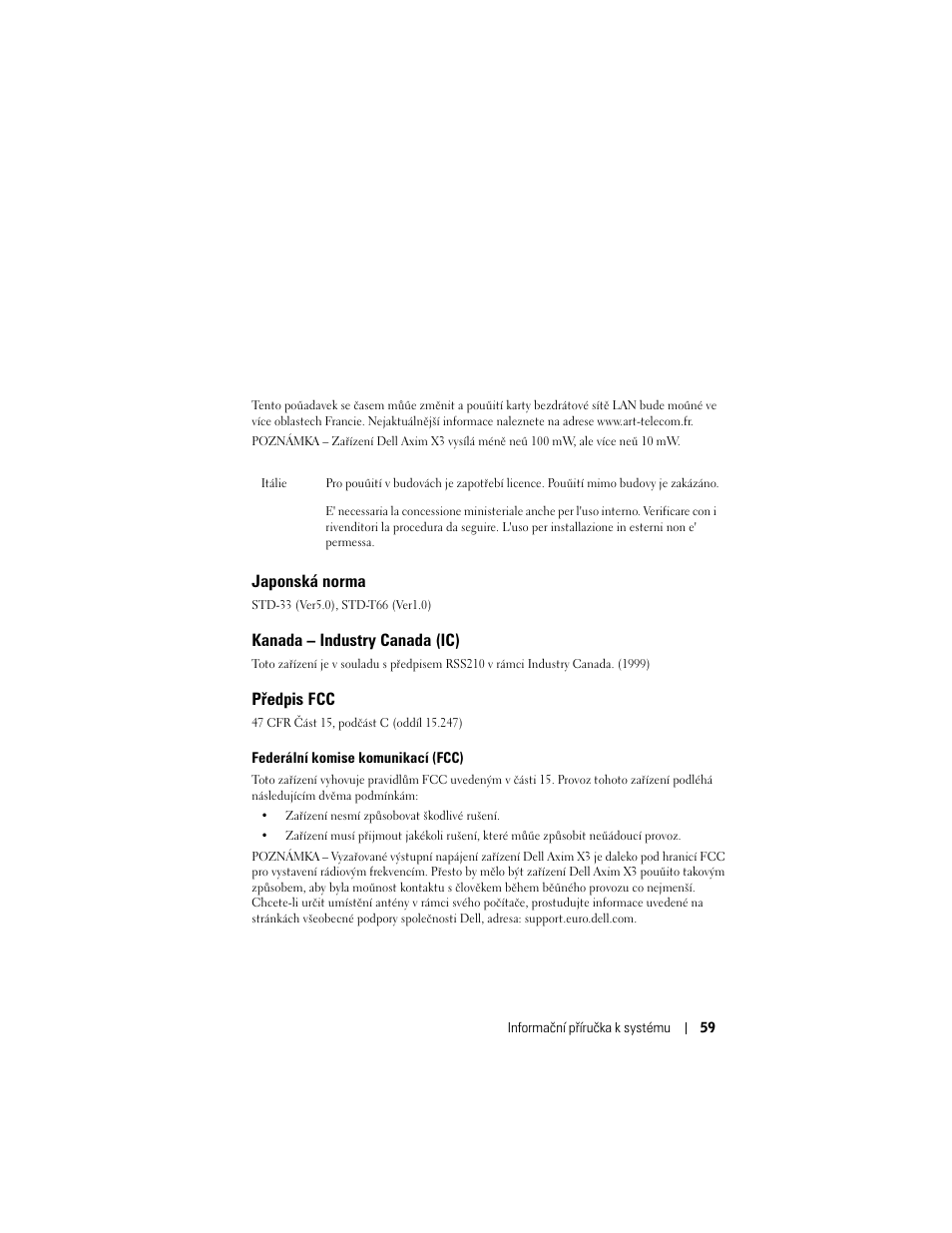 Japonská norma, Kanada – industry canada (ic), Předpis fcc | Dell AXIM X3 User Manual | Page 61 / 366