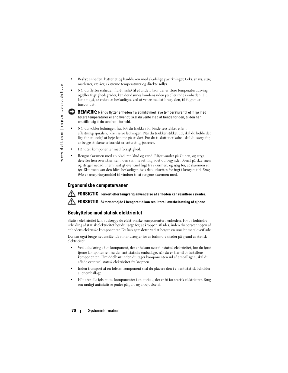 Ergonomiske computervaner, Beskyttelse mod statisk elektricitet | Dell AXIM X3 User Manual | Page 72 / 366