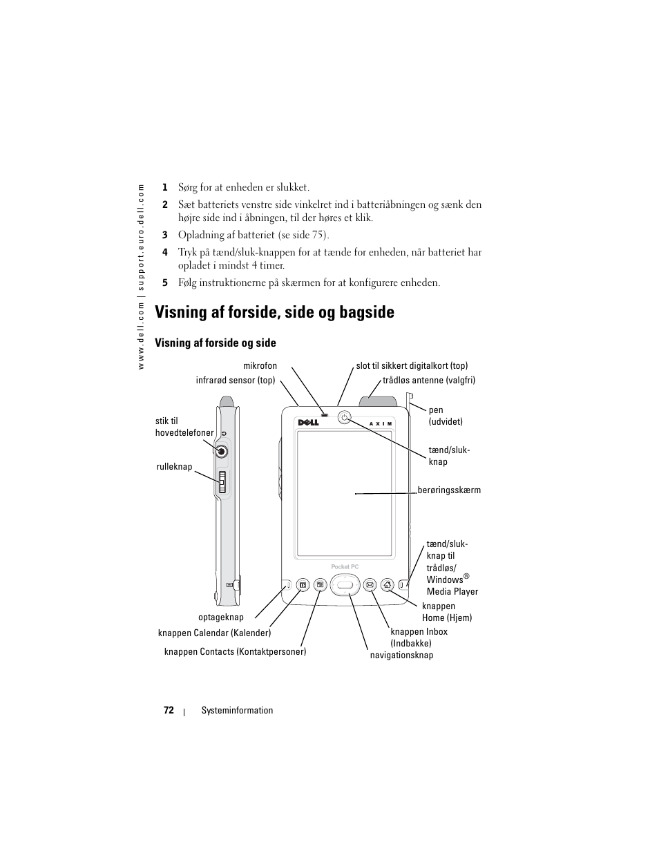 Visning af forside, side og bagside, Visning af forside og side | Dell AXIM X3 User Manual | Page 74 / 366