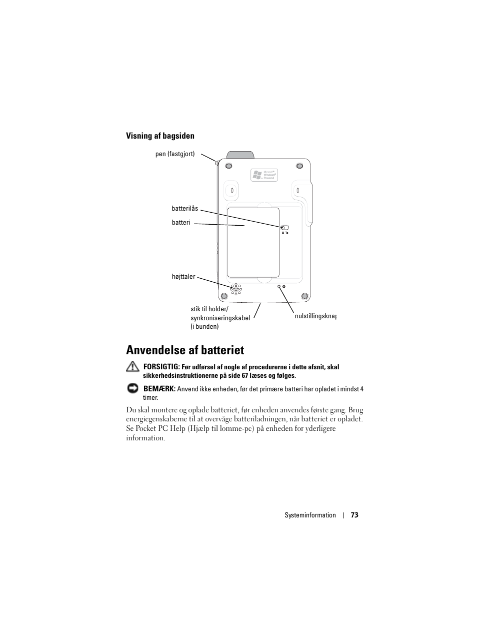 Visning af bagsiden, Anvendelse af batteriet | Dell AXIM X3 User Manual | Page 75 / 366
