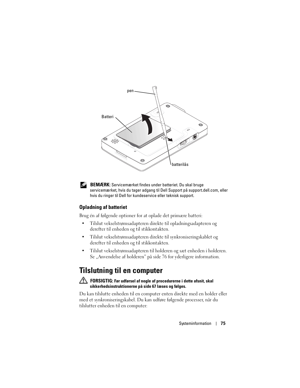 Opladning af batteriet, Tilslutning til en computer | Dell AXIM X3 User Manual | Page 77 / 366