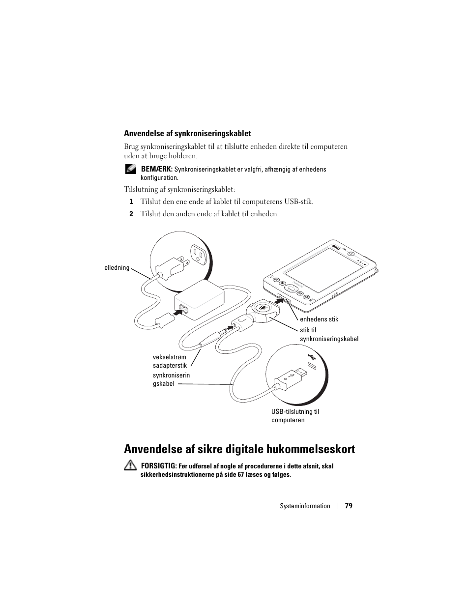 Anvendelse af synkroniseringskablet, Anvendelse af sikre digitale hukommelseskort | Dell AXIM X3 User Manual | Page 81 / 366