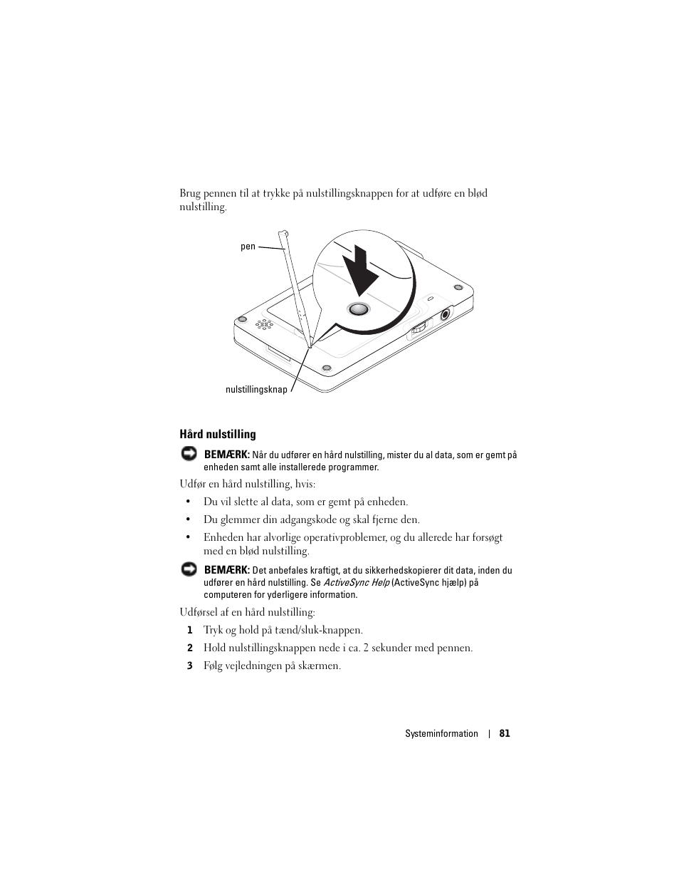 Hård nulstilling | Dell AXIM X3 User Manual | Page 83 / 366