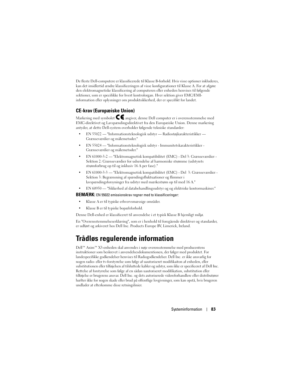 Ce-krav (europæiske union), Trådløs regulerende information | Dell AXIM X3 User Manual | Page 85 / 366