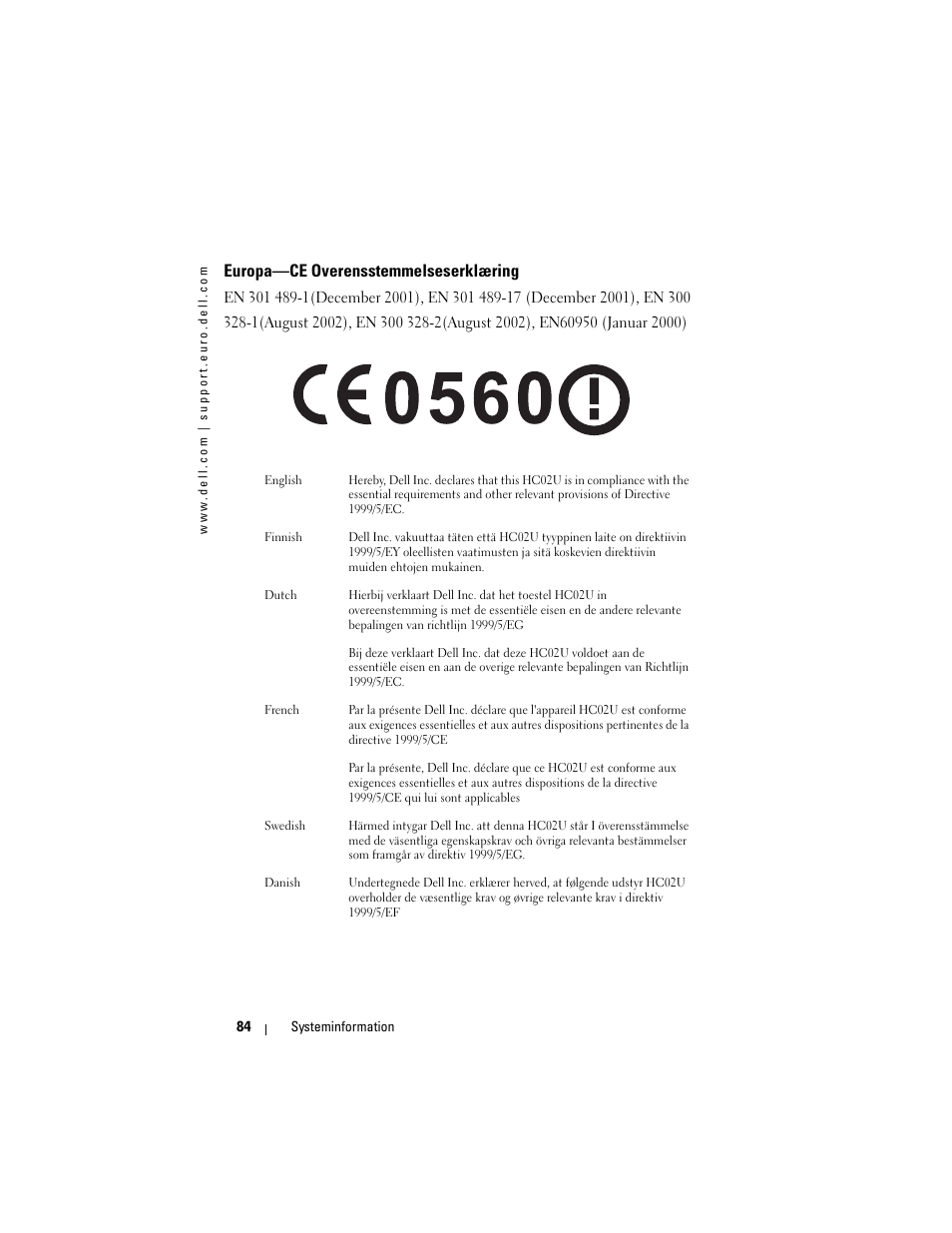 Europa—ce overensstemmelseserklæring | Dell AXIM X3 User Manual | Page 86 / 366