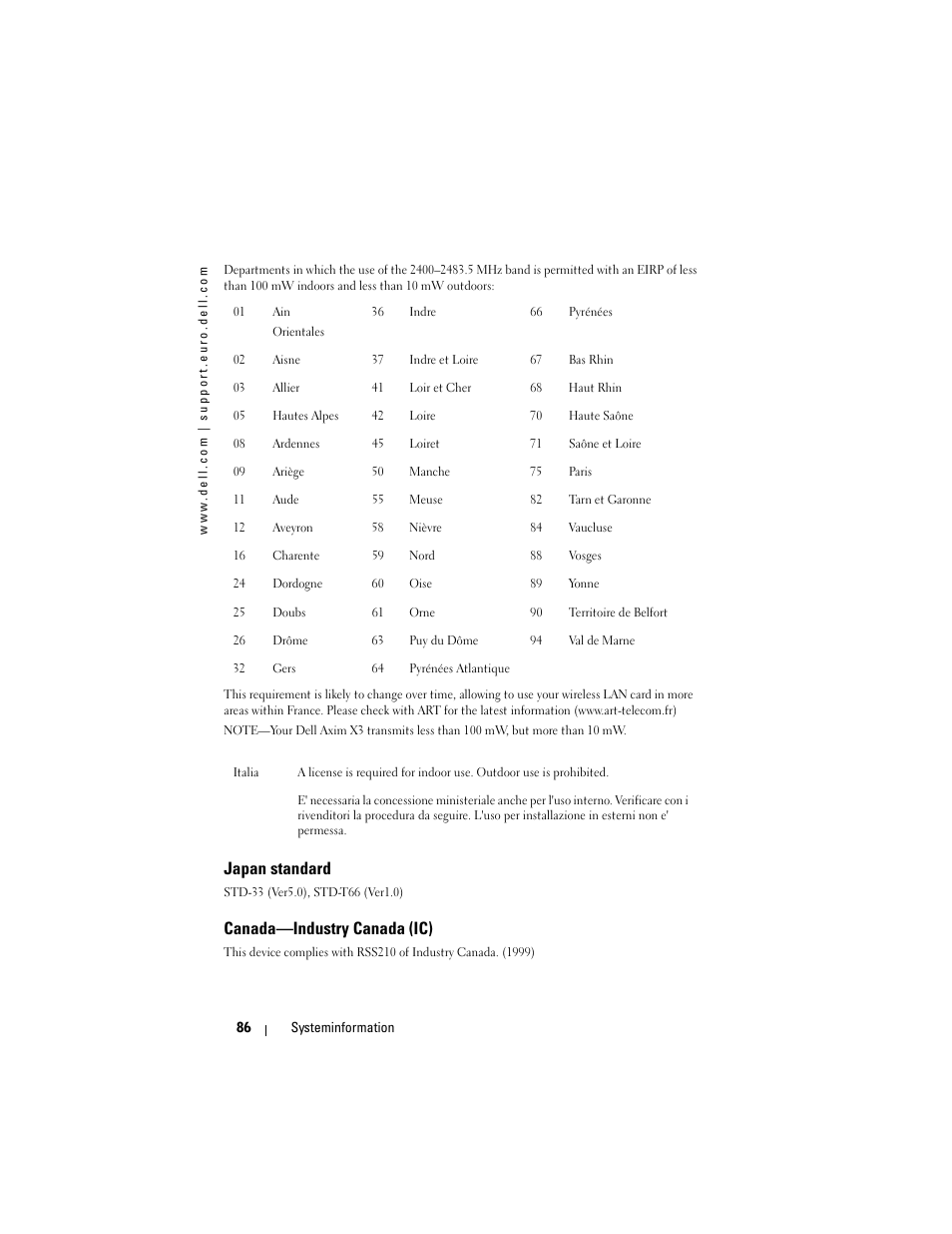 Japan standard, Canada—industry canada (ic) | Dell AXIM X3 User Manual | Page 88 / 366