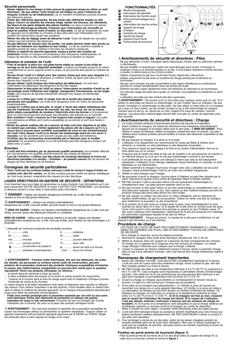 Consignes de sécurité particulières, Avertissements de sécurité et directives : piles, Avertissements de sécurité et directives : charge | Procédure de charge, Remarques de chargement importantes | Black & Decker 90556291 User Manual | Page 3 / 6