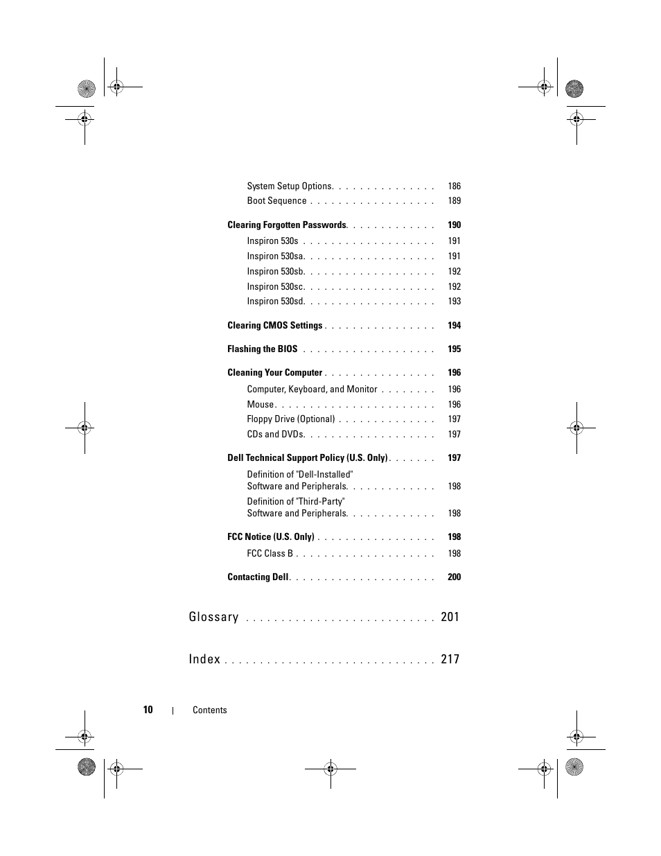 Glossary 201, Index 217, Glossary | 201 index | Dell Inspiron 530s (Mid 2007) User Manual | Page 10 / 222