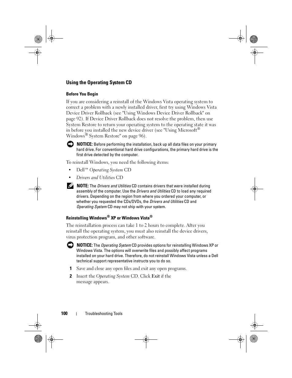 Using the operating system cd, Before you begin, Reinstalling windows® xp or windows vista | Dell Inspiron 530s (Mid 2007) User Manual | Page 100 / 222