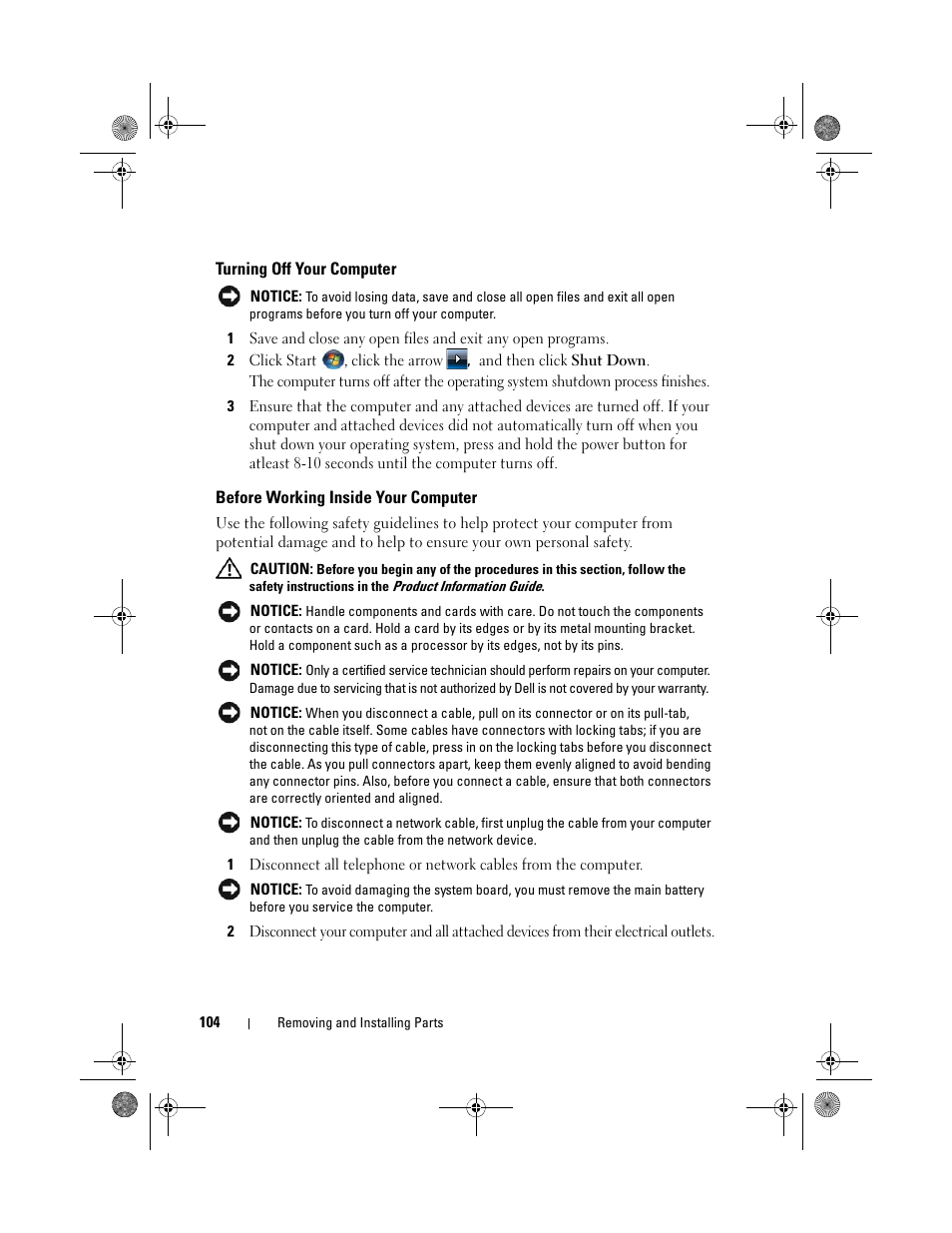 Turning off your computer, Before working inside your computer | Dell Inspiron 530s (Mid 2007) User Manual | Page 104 / 222