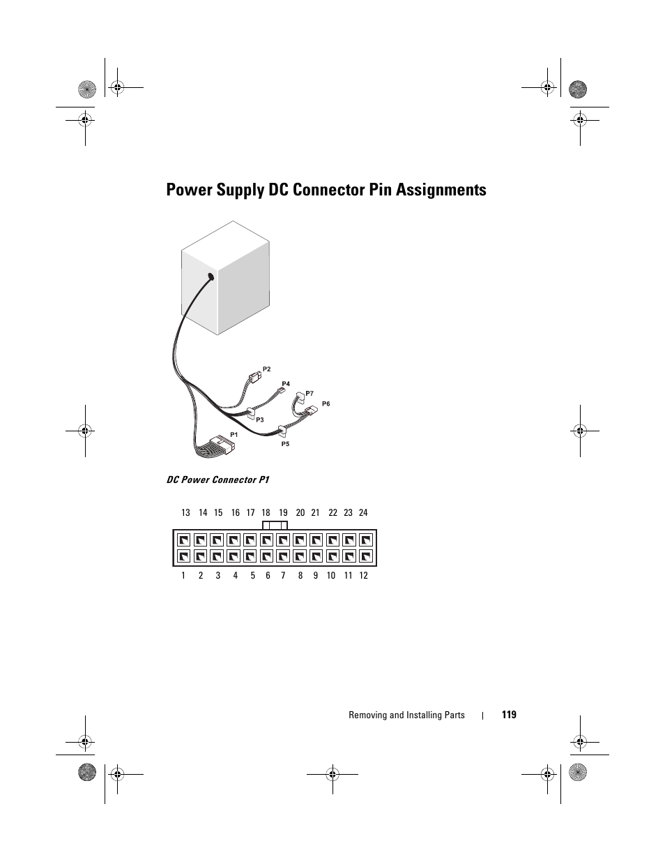 Power supply dc connector pin assignments | Dell Inspiron 530s (Mid 2007) User Manual | Page 119 / 222