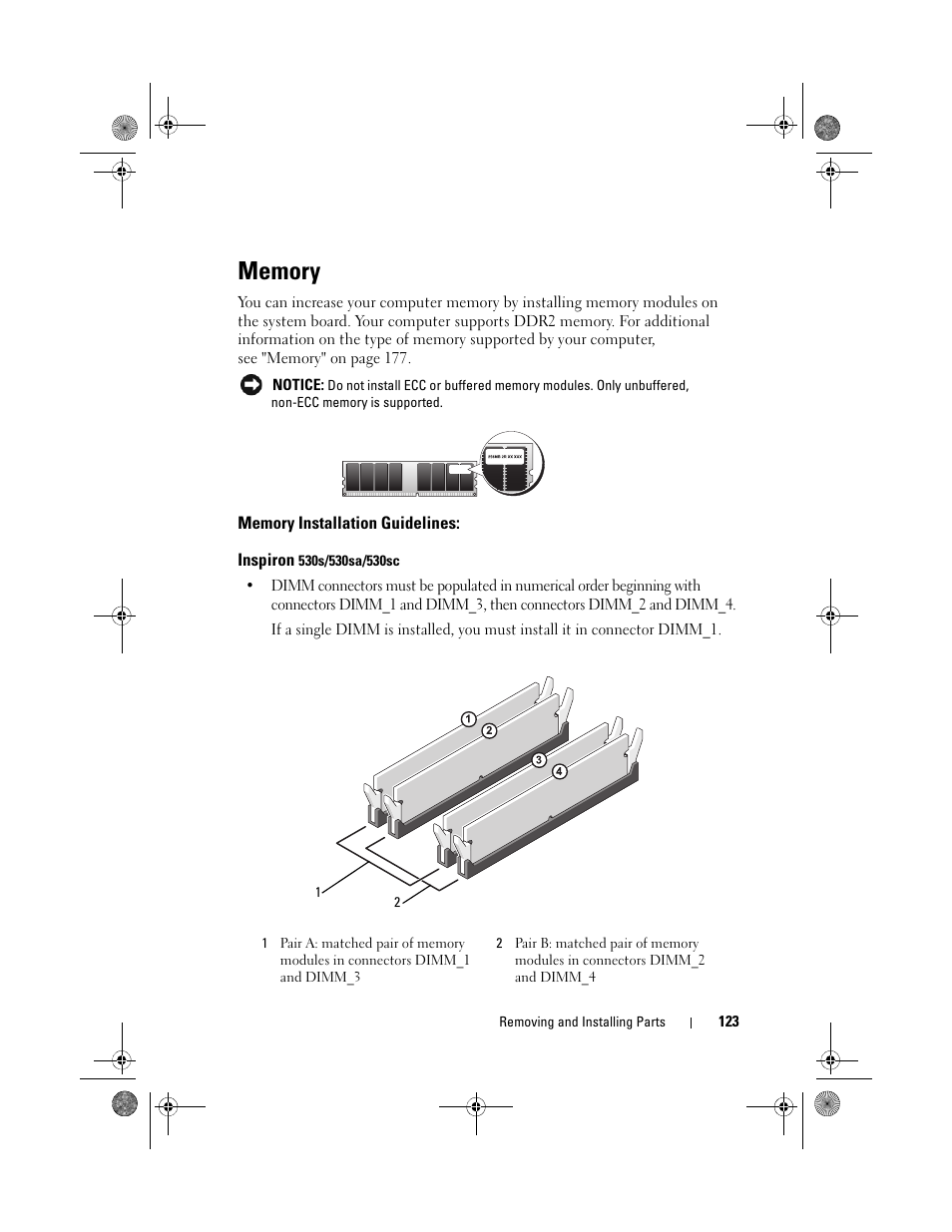 Memory, Memory installation guidelines, Inspiron 530s/530sa/530sc | Dell Inspiron 530s (Mid 2007) User Manual | Page 123 / 222