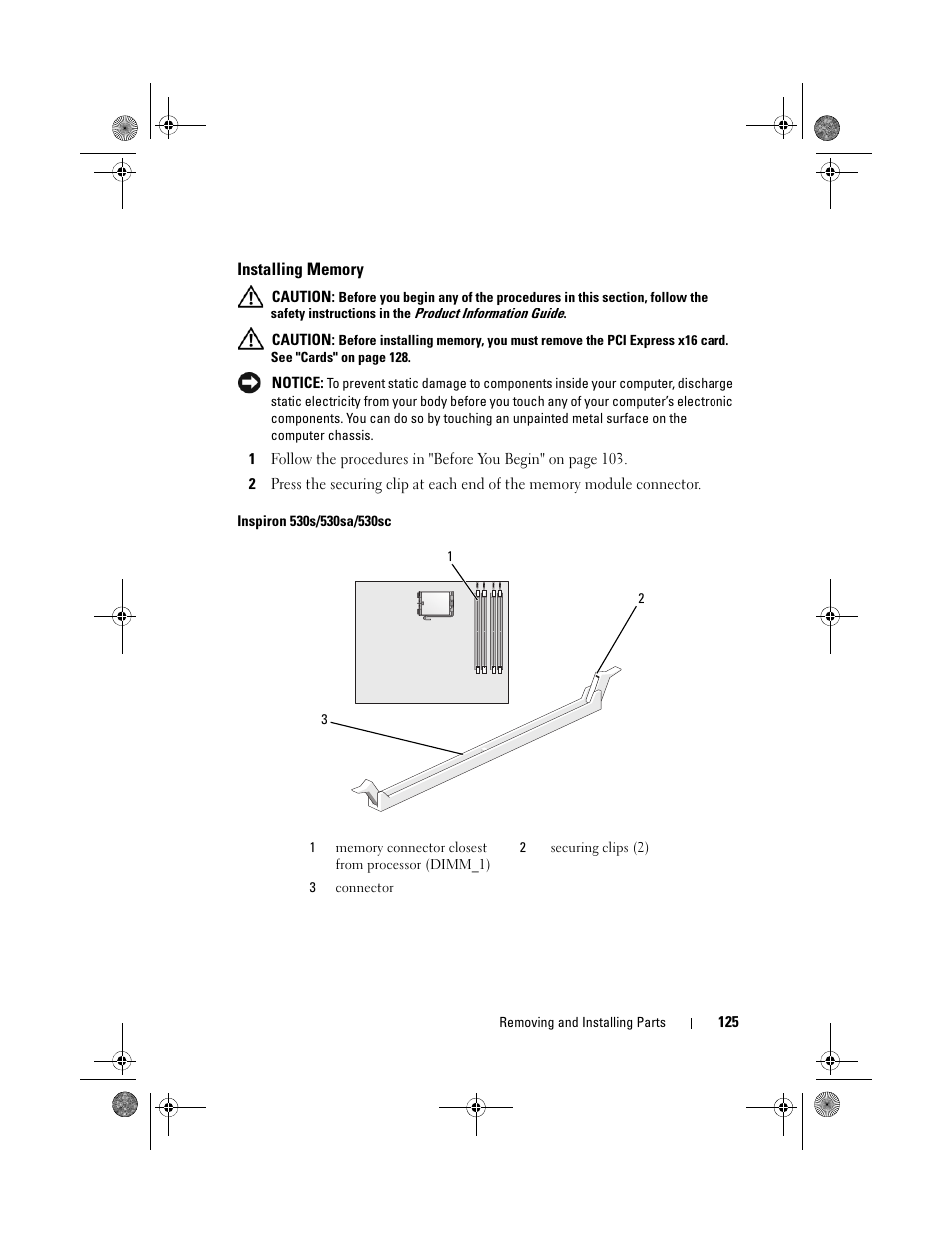 Installing memory, Inspiron 530s/530sa/530sc, Installation guidelines (see "installing | Dell Inspiron 530s (Mid 2007) User Manual | Page 125 / 222