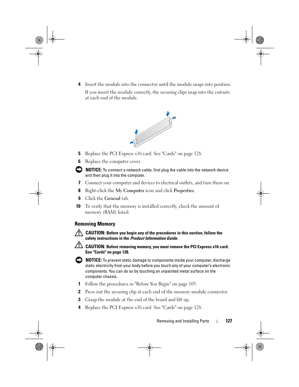 Removing memory | Dell Inspiron 530s (Mid 2007) User Manual | Page 127 / 222