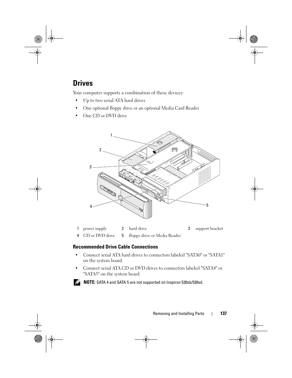 Drives, Recommended drive cable connections | Dell Inspiron 530s (Mid 2007) User Manual | Page 137 / 222