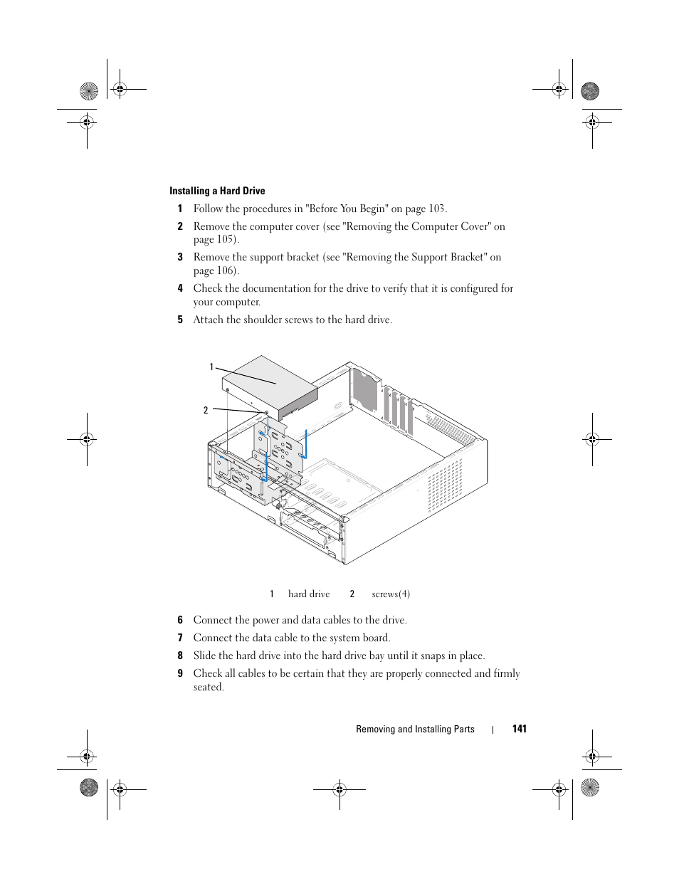 Installing a hard drive | Dell Inspiron 530s (Mid 2007) User Manual | Page 141 / 222