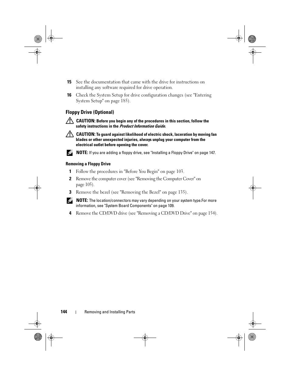 Floppy drive (optional), Removing a floppy drive | Dell Inspiron 530s (Mid 2007) User Manual | Page 144 / 222