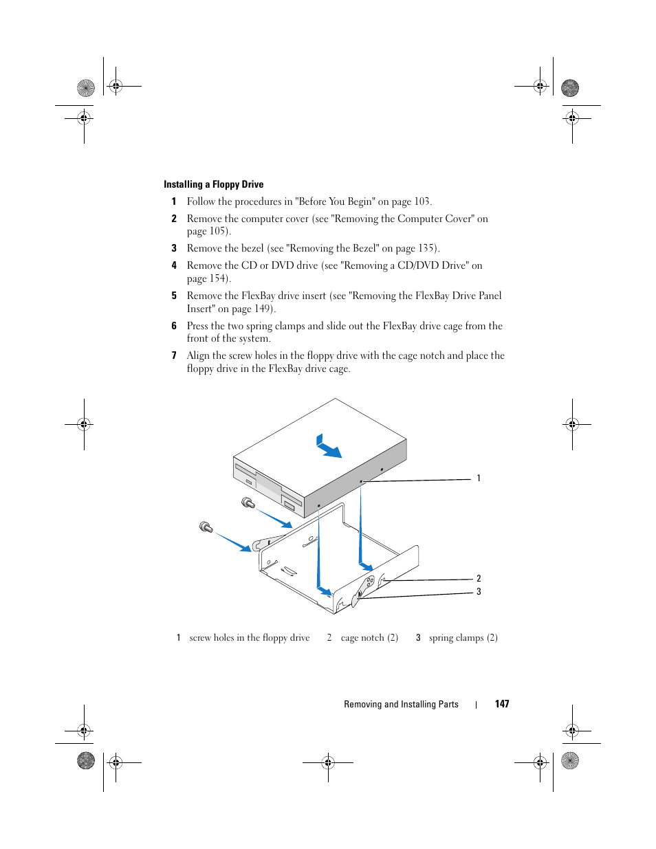 Installing a floppy drive | Dell Inspiron 530s (Mid 2007) User Manual | Page 147 / 222