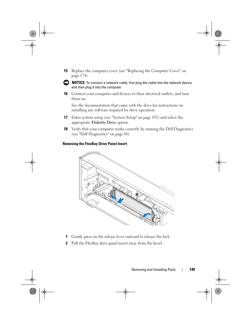 Removing the flexbay drive panel insert | Dell Inspiron 530s (Mid 2007) User Manual | Page 149 / 222