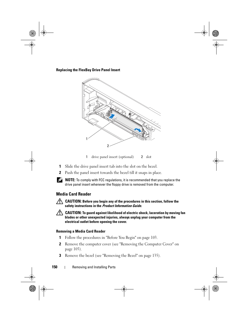 Replacing the flexbay drive panel insert, Media card reader, Removing a media card reader | Replacing the flexbay drive panel | Dell Inspiron 530s (Mid 2007) User Manual | Page 150 / 222