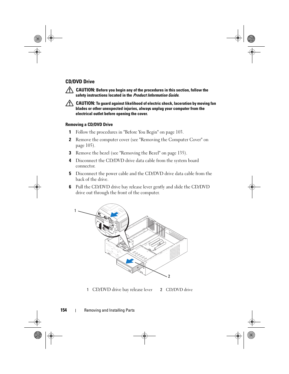 Cd/dvd drive, Removing a cd/dvd drive, E (see "removing a cd/dvd drive" on | Vd drive (see "removing a cd/dvd drive" on | Dell Inspiron 530s (Mid 2007) User Manual | Page 154 / 222