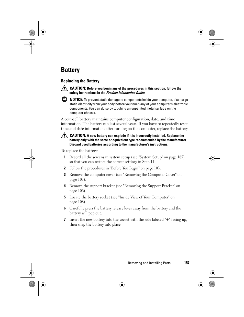 Battery, Replacing the battery | Dell Inspiron 530s (Mid 2007) User Manual | Page 157 / 222