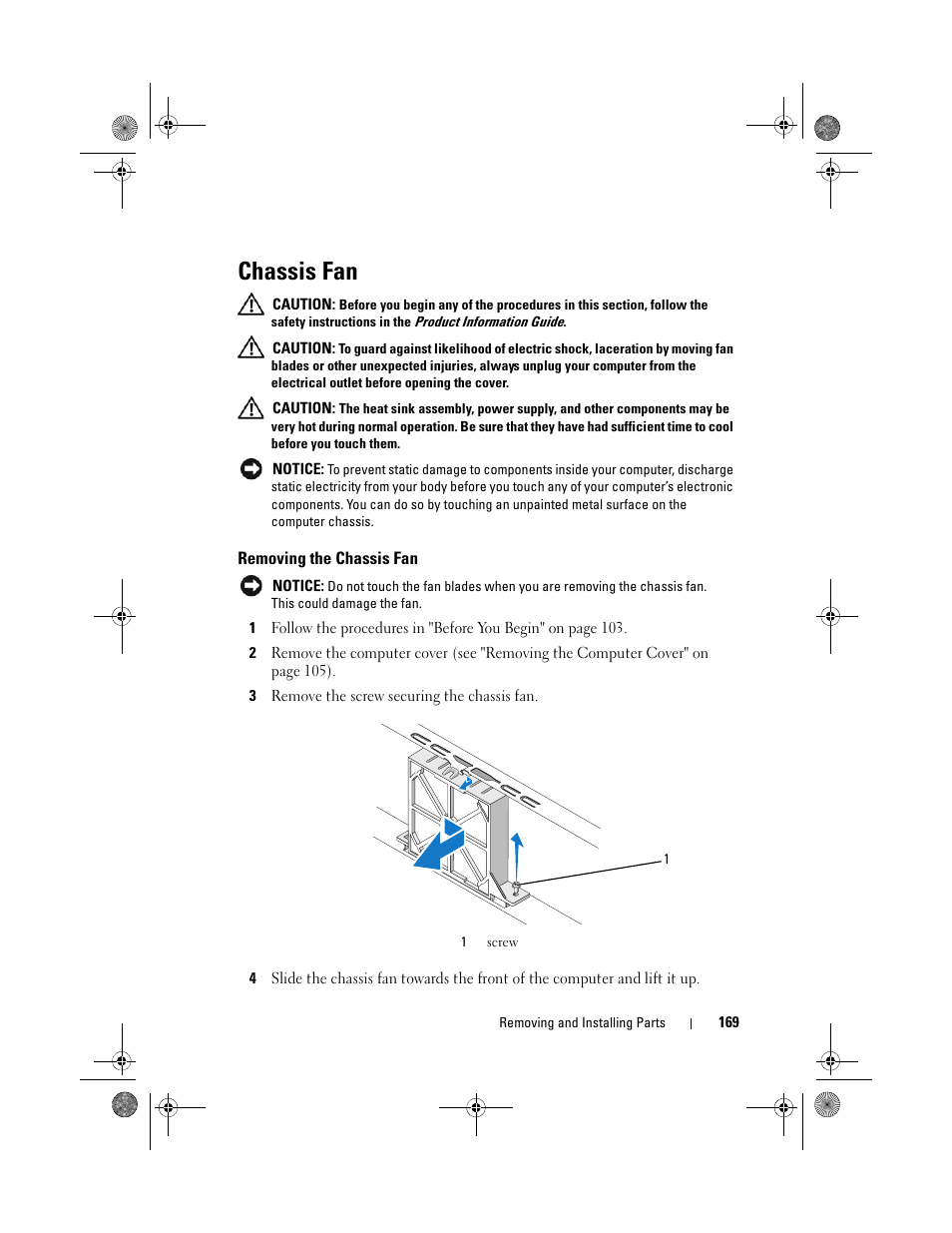 Chassis fan, Removing the chassis fan | Dell Inspiron 530s (Mid 2007) User Manual | Page 169 / 222