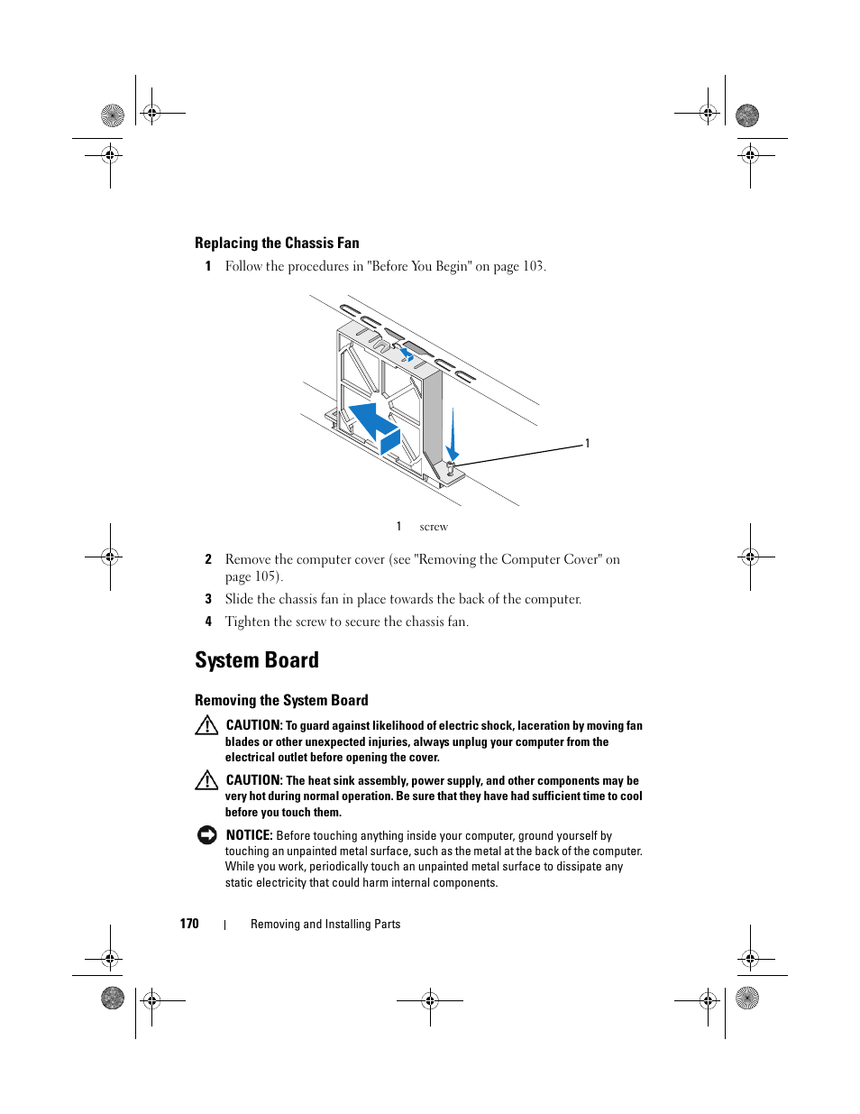 Replacing the chassis fan, System board, Removing the system board | Dell Inspiron 530s (Mid 2007) User Manual | Page 170 / 222