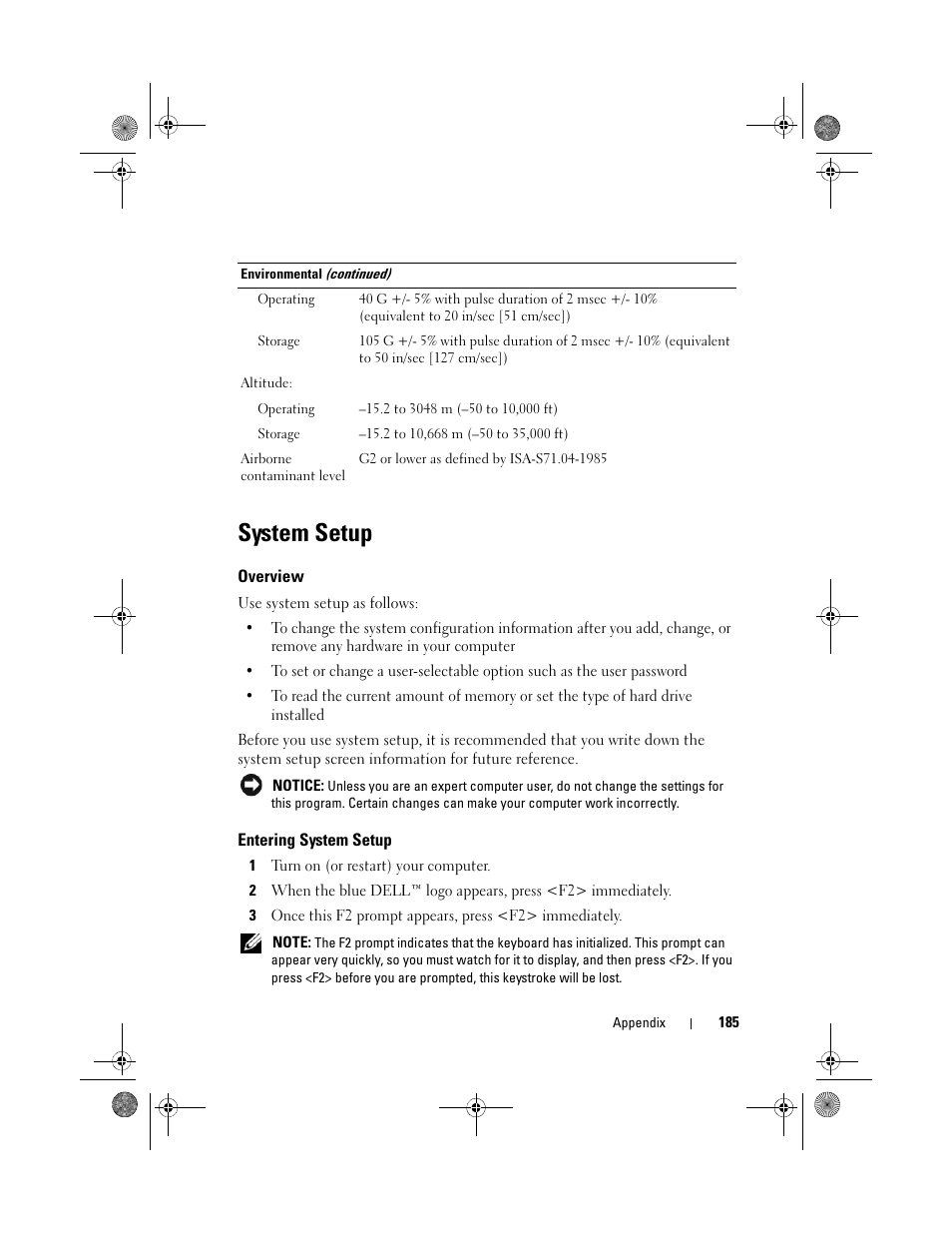 System setup, Overview, Entering system setup | Nfiguration changes (see "entering, Tup (see "entering system setup" on | Dell Inspiron 530s (Mid 2007) User Manual | Page 185 / 222