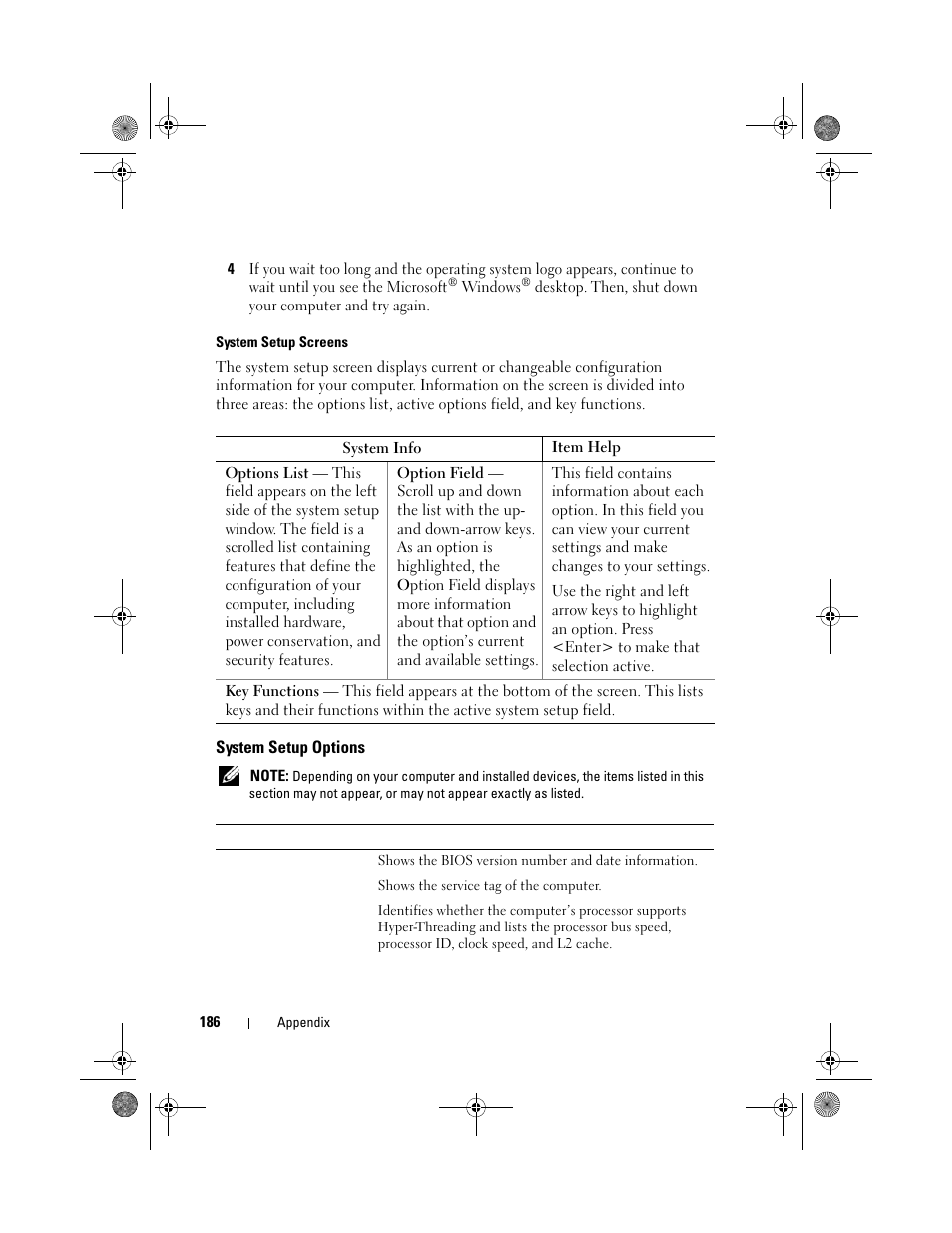 System setup screens, System setup options | Dell Inspiron 530s (Mid 2007) User Manual | Page 186 / 222