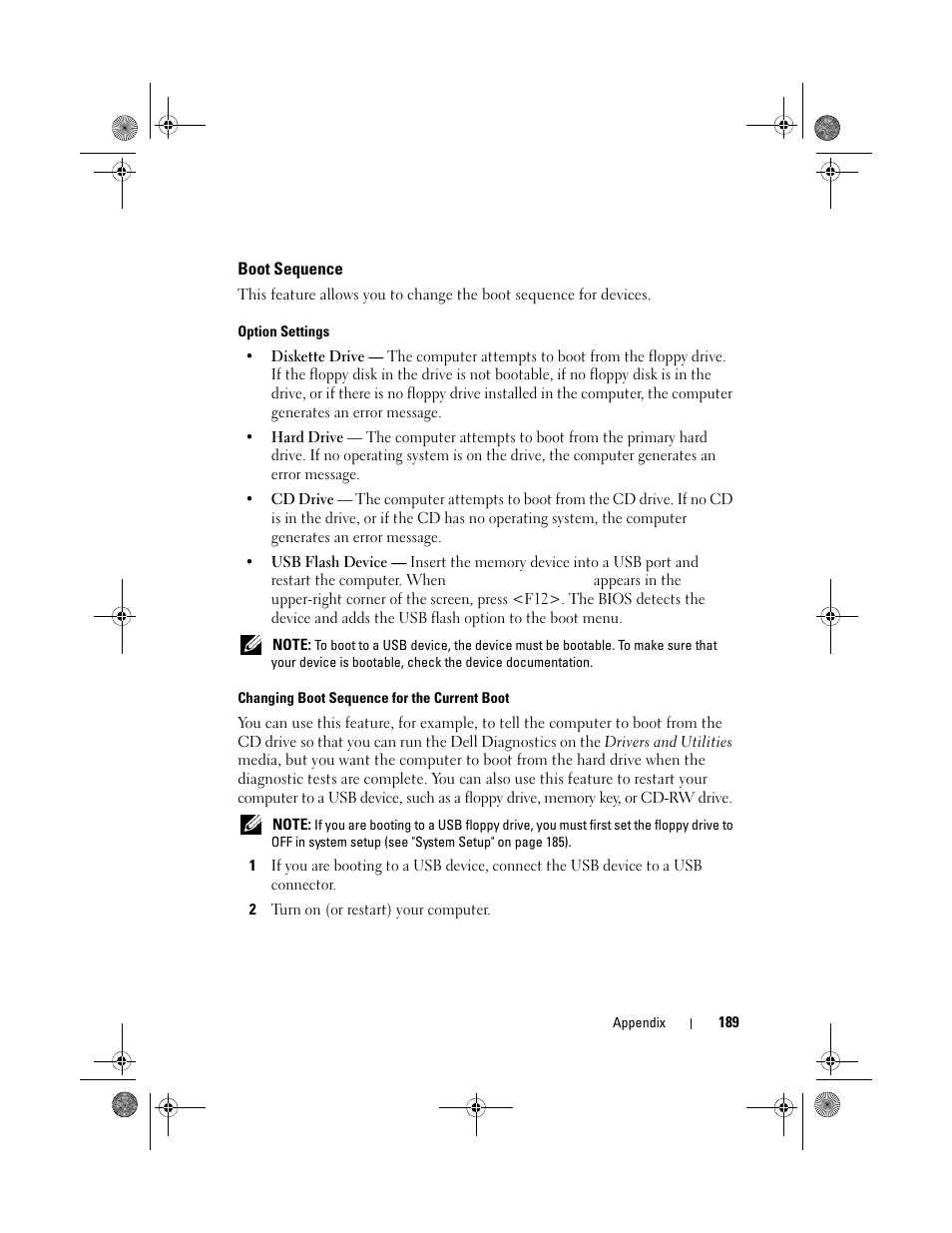 Boot sequence, Option settings, Changing boot sequence for the current boot | Dell Inspiron 530s (Mid 2007) User Manual | Page 189 / 222