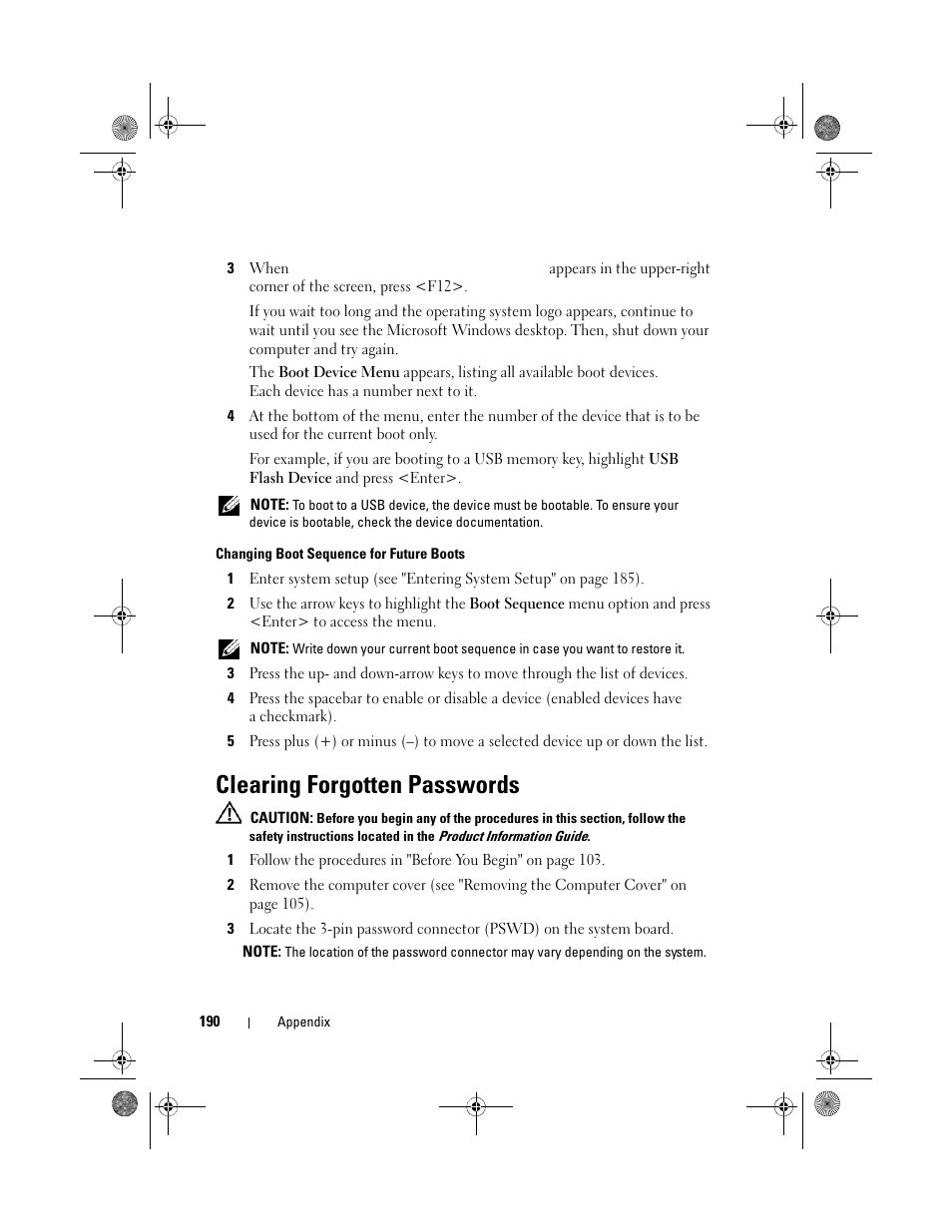 Changing boot sequence for future boots, Clearing forgotten passwords | Dell Inspiron 530s (Mid 2007) User Manual | Page 190 / 222