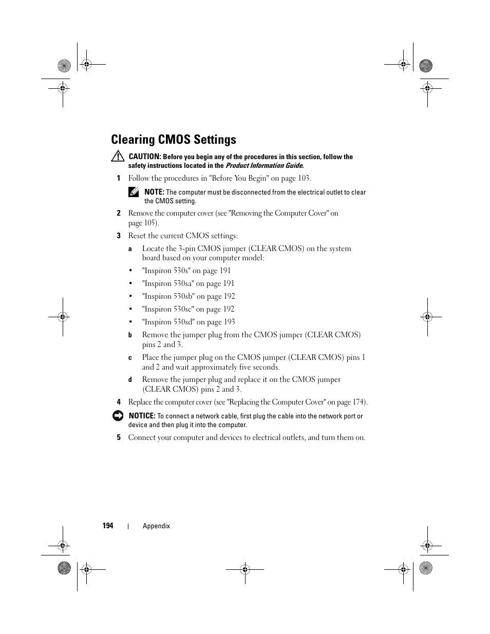 Clearing cmos settings | Dell Inspiron 530s (Mid 2007) User Manual | Page 194 / 222