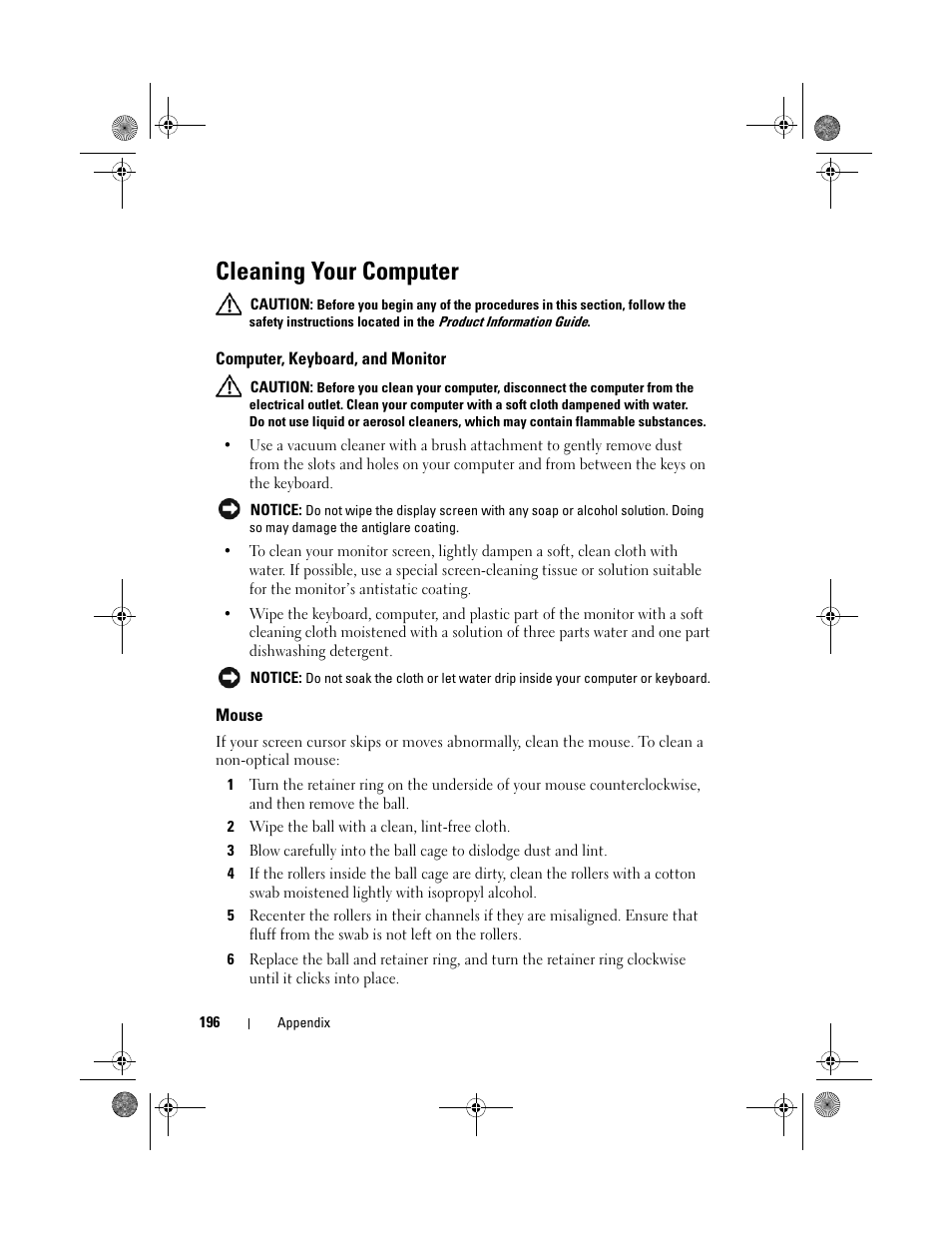 Cleaning your computer, Computer, keyboard, and monitor, Mouse | Dell Inspiron 530s (Mid 2007) User Manual | Page 196 / 222